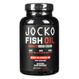 A black bottle labeled "Jocko Fish Oil," promoting an advanced Omega-3 blend with 2000 mg Omega-3s per serving. Contains 60 softgels for heart and brain health, enriched with astaxanthin.