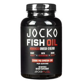 Jocko Fish Oil softgels black bottle, 60 count, with black label and orange accents for advanced omega-3 blend