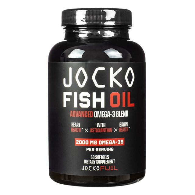 A black bottle labeled "Jocko Fish Oil," promoting an advanced Omega-3 blend with 2000 mg Omega-3s per serving. Contains 60 softgels for heart and brain health, enriched with astaxanthin.