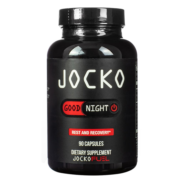 A black bottle of Jocko Good Night Capsules, labeled "Rest and Recovery," containing 90 capsules for promoting sleep and recovery.