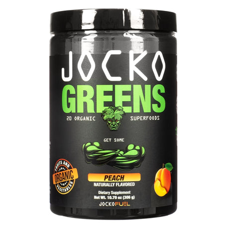 A black container of Jocko Greens Powder in peach flavor, packed with 20 organic superfoods. Naturally flavored dietary supplement, weighing 10.79 oz, to support a healthy lifestyle.