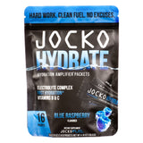 A resealable pouch of Jocko Hydrate Blue Raspberry hydration amplifier packets, containing electrolytes, vitamins B and C, and designed for fast hydration. Includes 16 single-serving packets.