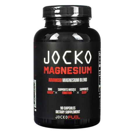 A black bottle of Jocko Magnesium capsules, featuring an advanced magnesium blend for bone health, muscle function, and improved sleep, with 90 capsules per container.