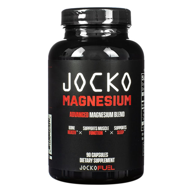 A black bottle of Jocko Magnesium capsules, featuring an advanced magnesium blend for bone health, muscle function, and improved sleep, with 90 capsules per container.