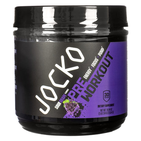 Black container of Jocko Pre-Workout Sour Grape flavor, 18.84 oz (534g). Provides 30 servings designed for energy, focus, and pump during workouts.