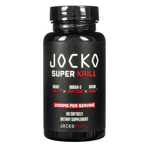 Jocko Super Krill Oil black bottle, 60 softgels dietary supplement with black label and red accents