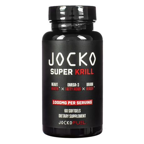 A black bottle of Jocko Super Krill Oil with 60 softgels, providing 1000mg of Omega-3 fatty acids per serving, supporting heart, brain, and overall health.