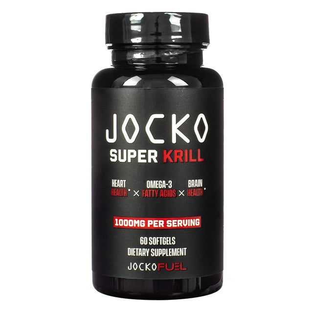 A black bottle of Jocko Super Krill Oil with 60 softgels, providing 1000mg of Omega-3 fatty acids per serving, supporting heart, brain, and overall health.