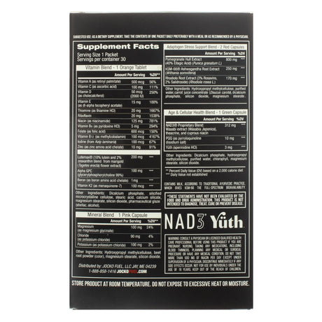 Jocko Time War Anti-Aging Daily Matrix 30 Packs supplement facts panel listing detailed ingredients and nutritional content. Includes Vitamin Blend (Vitamin A, C, D, E, and B complex), Adaptogen Stress Support Blend (Pomegranate Hull, Ashwagandha, Rhodiola Rosea), Age & Cellular Health Blend (NAD3 proprietary blend), and Mineral Blend (Magnesium, Potassium). Also contains serving size information and daily value percentages.