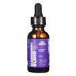 A dark amber bottle of JoySpring Elderberry Blend with a bright purple label featuring white text and a floral graphic. The label notes 30 servings in a 1 fl. oz (30 mL) dropper bottle and promotes immune support with an herbal formula.