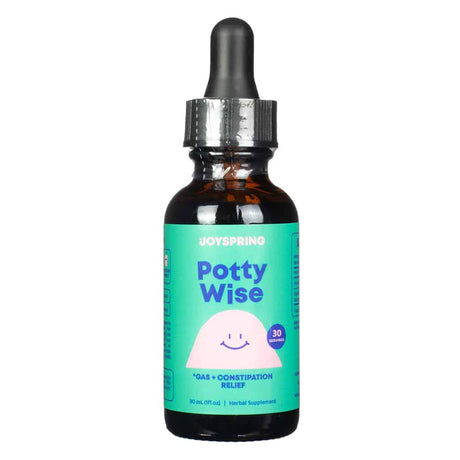 A 30 mL (1 fl. oz) amber dropper bottle of JoySpring Potty Wise, featuring a teal and pink label with a smiling, dome-shaped character. The label promotes 30 servings and highlights its use for gas and constipation relief as a gentle herbal supplement for children.