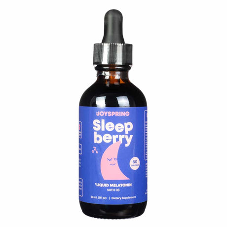 A 2 fl. oz (60 mL) amber dropper bottle of JoySpring SleepBerry, featuring a deep blue and pink label with a sleepy crescent moon illustration. The product contains 60 servings of liquid melatonin with vitamin D3, designed to support restful sleep in children.