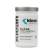 A sleek white tub of Klean Athlete Collagen+C powder with a silver lid, featuring a clean label design and NSF Certified for Sport seal. The natural berry flavored supplement comes in a 12 oz (340 g) container, offering 20 servings aimed at supporting joint, skin, and connective tissue health.