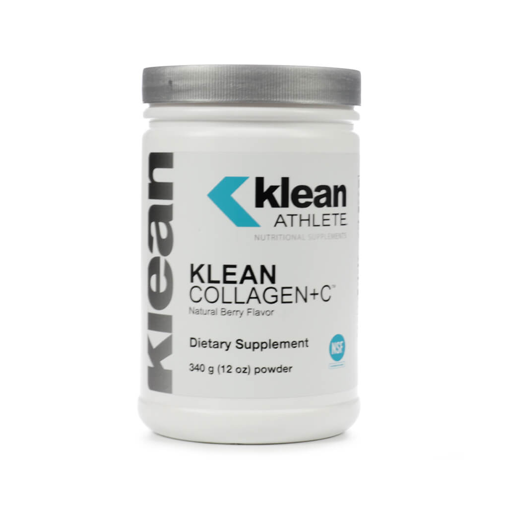A sleek white tub of Klean Athlete Collagen+C powder with a silver lid, featuring a clean label design and NSF Certified for Sport seal. The natural berry flavored supplement comes in a 12 oz (340 g) container, offering 20 servings aimed at supporting joint, skin, and connective tissue health.