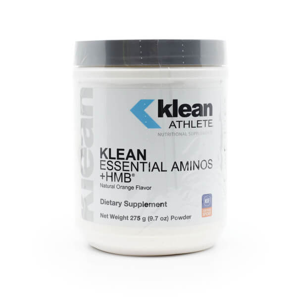 A white container of Klean Athlete Essential Aminos + HMB powder with a gray lid, designed in a clean, professional style and featuring the NSF Certified for Sport badge. This natural orange-flavored dietary supplement contains 9.7 oz (275 g) of powder and provides 30 servings to support muscle recovery and strength.