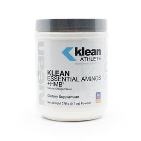 Klean Athlete Klean Essential Aminos + HMB powder, white 9.7 oz tub with gray lid and white label