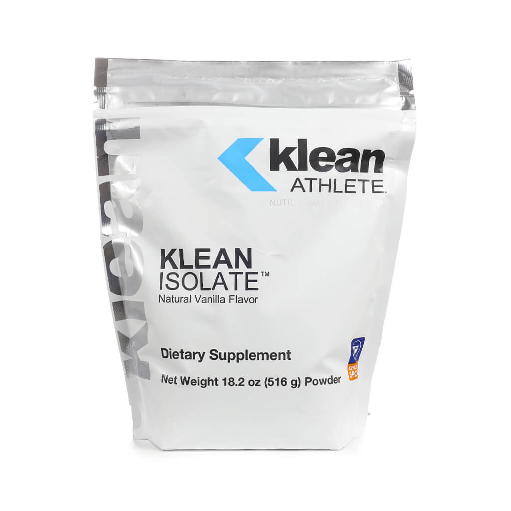 A silver resealable pouch of Klean Athlete Isolate Protein powder in natural vanilla flavor, marked with the NSF Certified for Sport logo. This dietary supplement contains 18.2 oz (516 g) of powder and provides 20 servings, ideal for clean protein intake to support athletic performance and recovery.