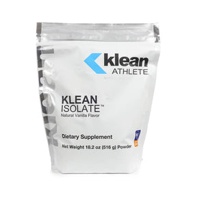 Klean Athlete Klean Isolate powder in silver resealable pouch, Natural Vanilla label, 18.2 oz with NSF Sport logo