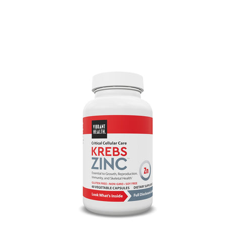 Vibrant Health Krebs Zinc 30 mg, 60 vegetable capsules, white bottle with red label