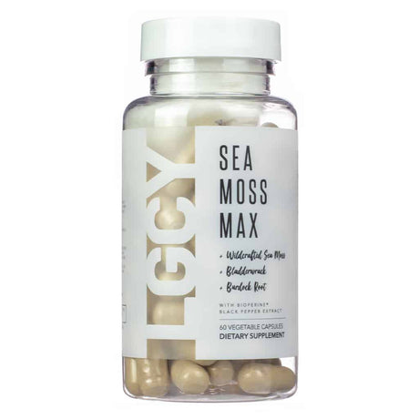 A bottle of LGCY Sea Moss Max dietary supplement containing 60 vegetable capsules. The formula combines wildcrafted sea moss, bladderwrack, burdock root, and BioPerine® black pepper extract to support general wellness. Designed for easy daily use with a natural, plant-based composition.