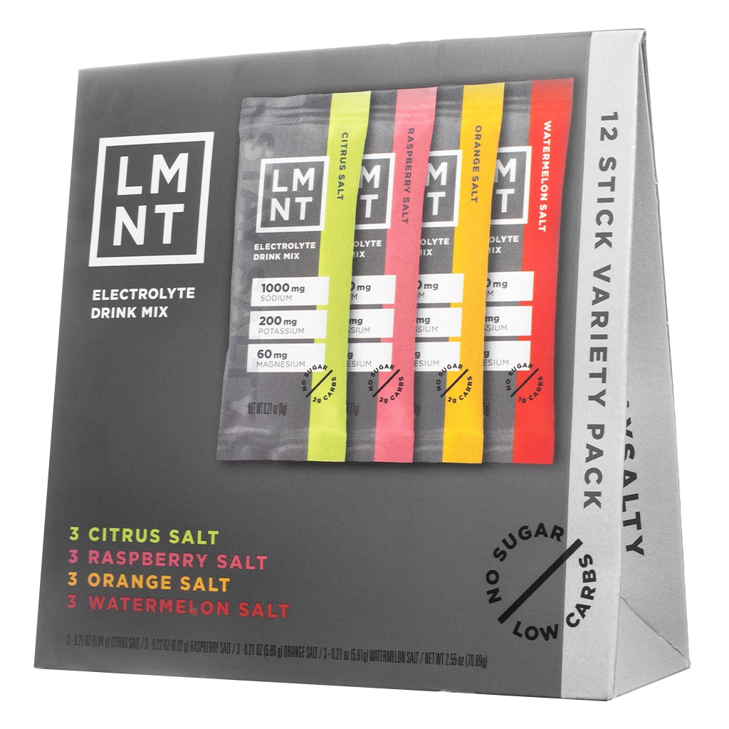 A 12-stick variety pack of LMNT Electrolyte Drink Mix with four flavors: Citrus Salt, Raspberry Salt, Orange Salt, and Watermelon Salt. The packaging displays individual stick packs alongside bold text listing '1000 mg sodium, 200 mg potassium, and 60 mg magnesium' with 'no sugar' and '2g carbs' for each flavor.