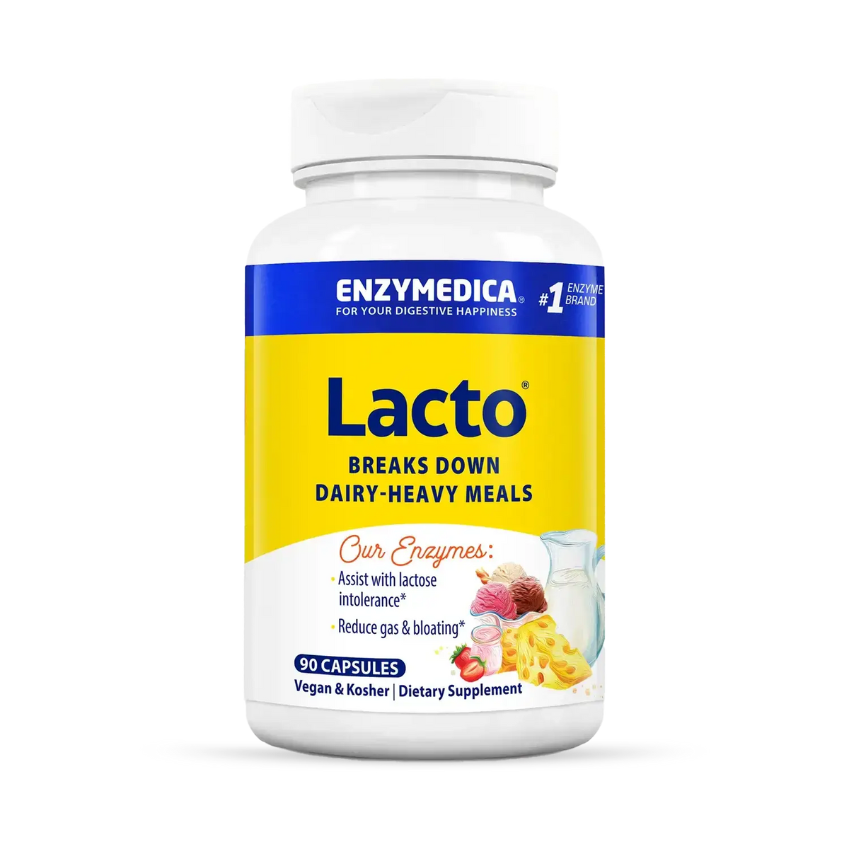 Enzymedica Lacto 90 capsules bottle with yellow and blue label, enzymes for dairy-heavy meals