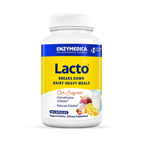 Enzymedica Lacto 90 capsules bottle with yellow and blue label, enzymes for dairy-heavy meals