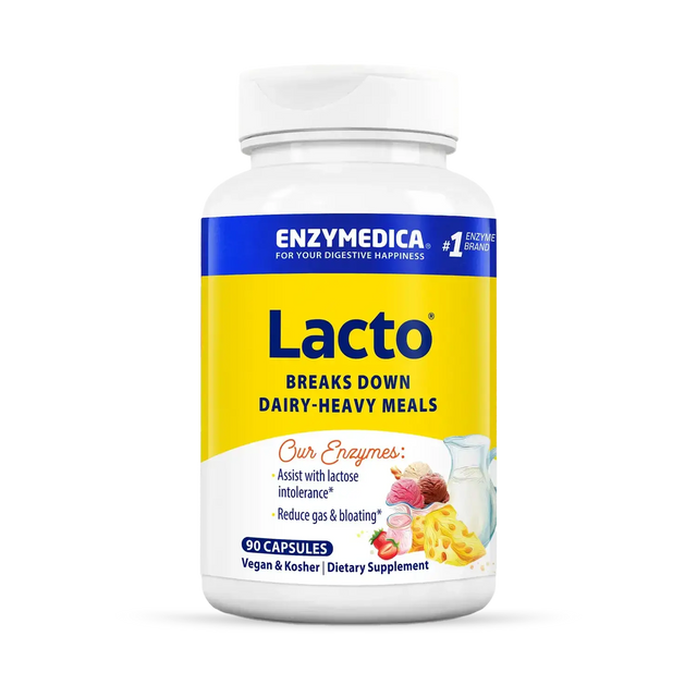 Enzymedica Lacto 90 capsules bottle with yellow and blue label, enzymes for dairy-heavy meals