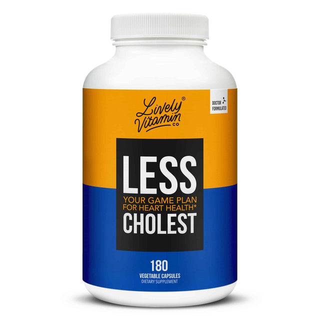 The front label of Lively Vitamin Co.'s Less Cholest bottle, promoting its heart health benefits. Features bold text reading "Less Cholest" with the tagline "Your game plan for heart health," containing 180 vegetable capsules.