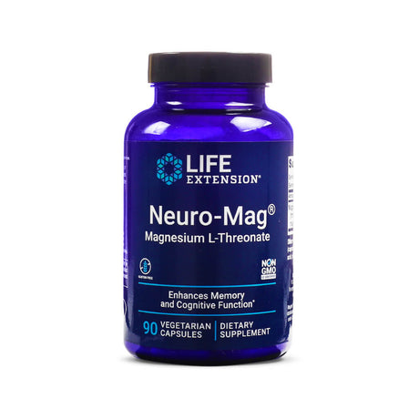 A deep blue bottle of Life Extension Neuro-Mag Magnesium L-Threonate featuring a black cap and bold white lettering on the label. This dietary supplement includes 90 vegetarian capsules and is formulated to enhance memory and cognitive function, with gluten-free and non-GMO certifications.