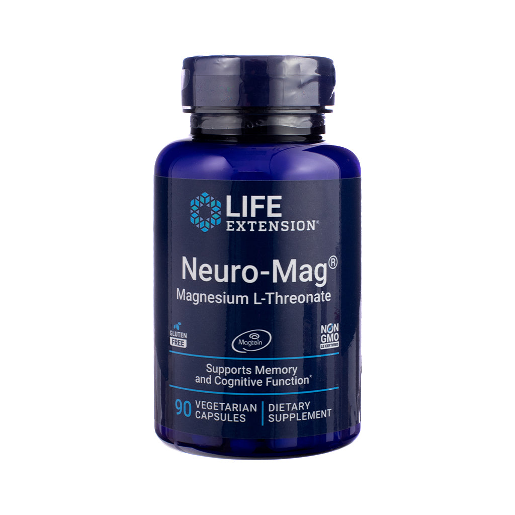 Life Extension Neuro-Mag® Magnesium L-Threonate Capsules, front label featuring brain health formula with magnesium L-threonate for cognitive support.