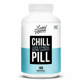 Large white bottle of Lively Vitamin Co. Chill Pill dietary supplement with a blue and black label that reads "CHILL PILL – Less Stress. More Happy!" Contains 180 vegan capsules and is labeled as doctor-reviewed.