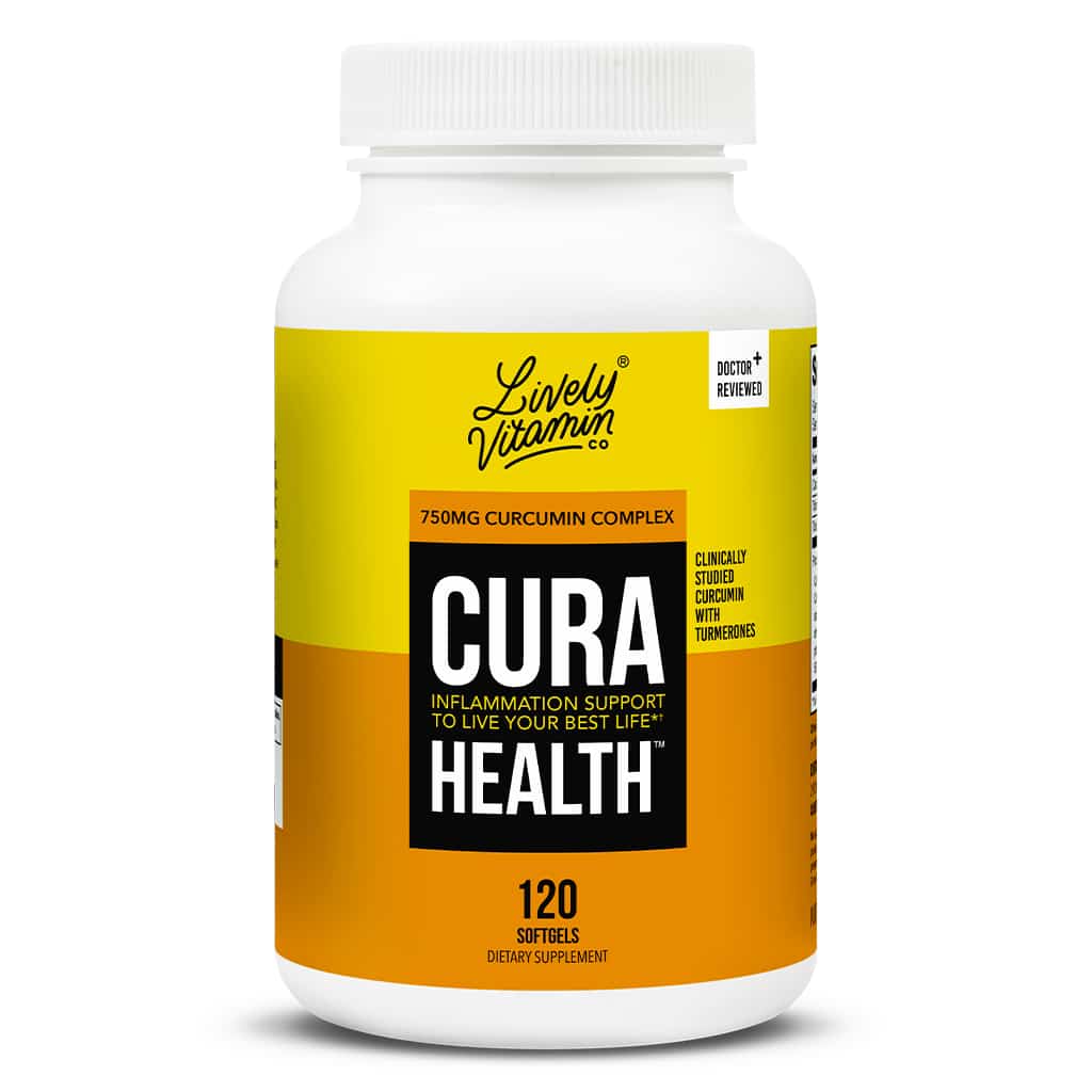 A white bottle with a yellow and orange label reading "Lively Vitamin Co. Cura Health - Inflammation Support to Live Your Best Life, 750mg Curcumin Complex, Clinically Studied Curcumin with Turmerones." The bottle contains 120 softgels.