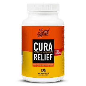 Lively Vitamin Co. CuraRelief extra strength 120 veggie tablets bottle with orange and yellow label, white cap
