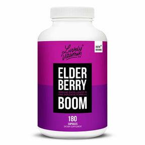 Lively Vitamin Co. Elderberry Boom white bottle with pink and purple label, 180 capsules dietary supplement