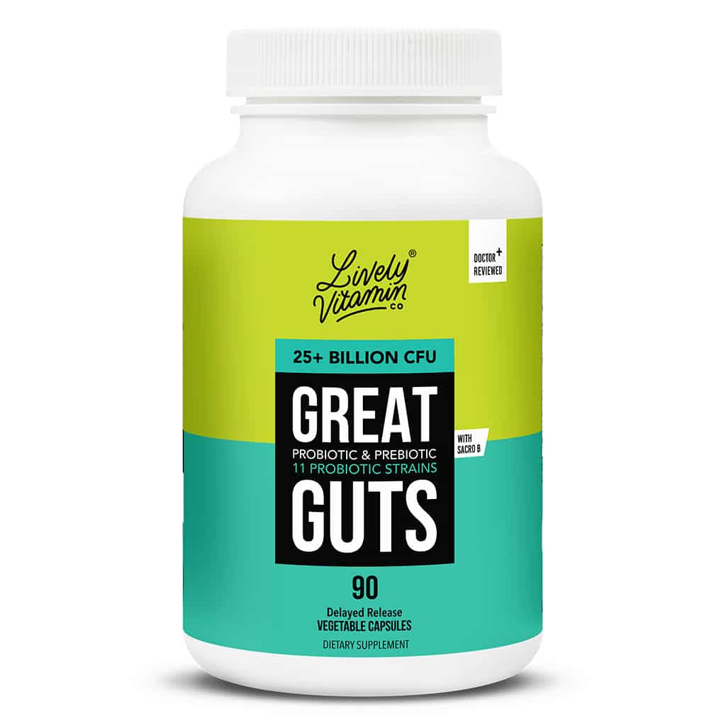 A white bottle with teal and lime accents labeled "Lively Vitamin Co. Great Guts," containing 90 capsules. The label highlights "25+ Billion CFU," "11 Probiotic Strains," and includes prebiotics with Sacro B. It is marked as delayed-release and doctor-reviewed.