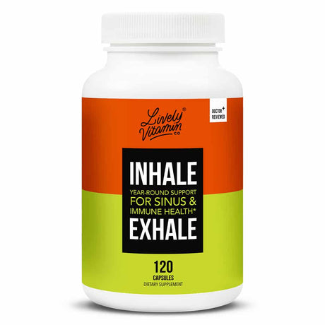 A white plastic bottle with a white cap, labeled "Lively Vitamin Co. Inhale Exhale." The bottle has a bright orange and green label with black and white text, highlighting its purpose as a year-round support supplement for sinus and immune health. Contains 120 vegetable capsules.