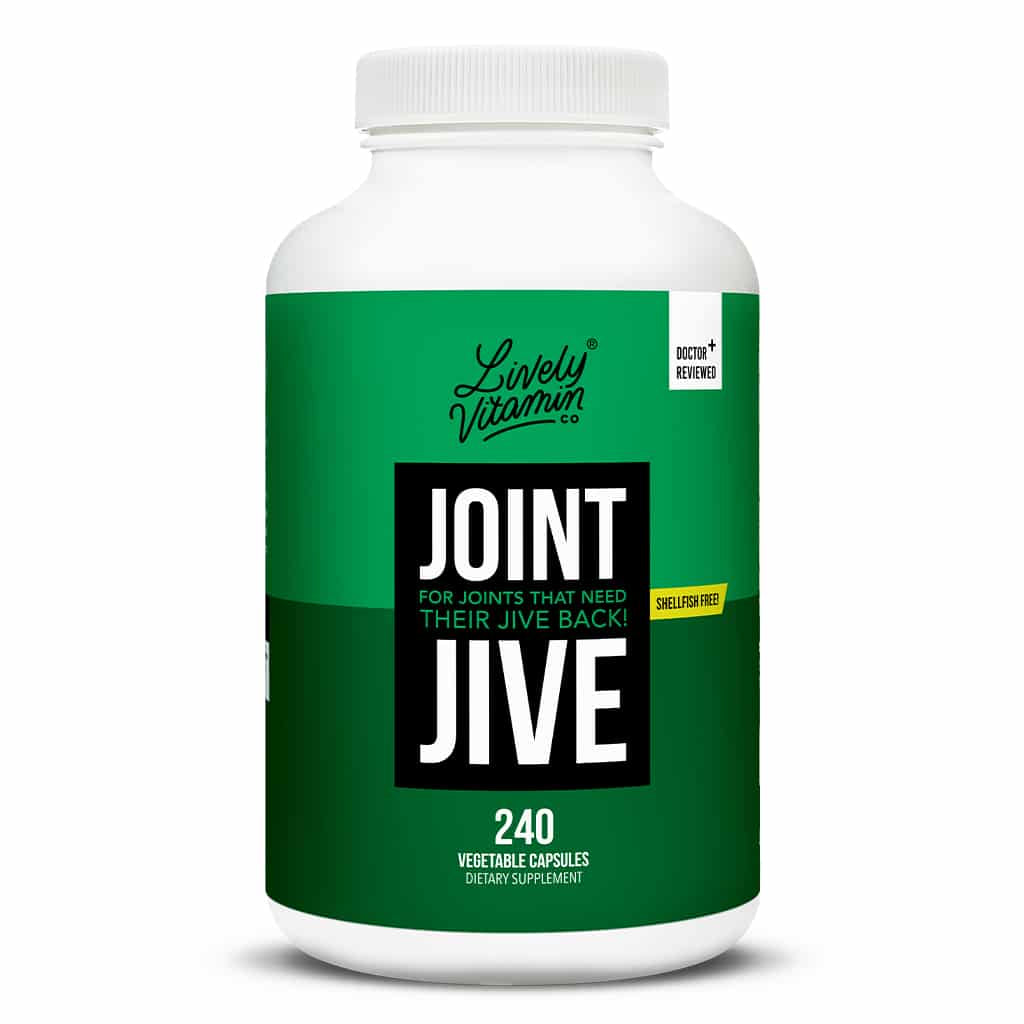 A white plastic bottle with a white cap, labeled "Lively Vitamin Co. Joint Jive." The green and black label displays white text and advertises it as a joint support supplement that is shellfish-free. Contains 240 vegetable capsules.