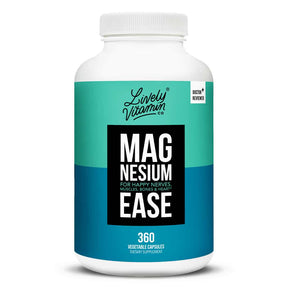 A large white bottle of Lively Vitamin Co. "Magnesium Ease" dietary supplement featuring a teal and blue label with bold text that reads “For happy nerves, muscles, bones & heart.” The bottle contains 360 vegetable capsules and is marked “Doctor Reviewed.”