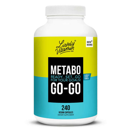 Lively Vitamin Co. Metabo Go-Go bottle with vibrant yellow and teal accents, displaying "Metabo Go-Go" in bold and 240 vegan capsules for extended metabolism support.