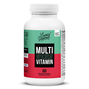 Lively Vitamin Co. Multivitamin white bottle with teal and red label, 60 vegetable capsules supplement container