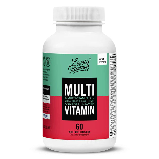 Lively Vitamin Co. Multivitamin bottle with a red and teal design, featuring "Multivitamin" text in bold and containing 60 vegetable capsules for daily health.