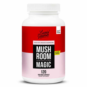 Lively Vitamin Co. Mushroom Magic 120 vegetable capsules white bottle with red and pink label