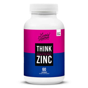 Lively Vitamin Co. Think Zinc lozenges bottle with pink and blue label, white cap, 60 count dietary supplement
