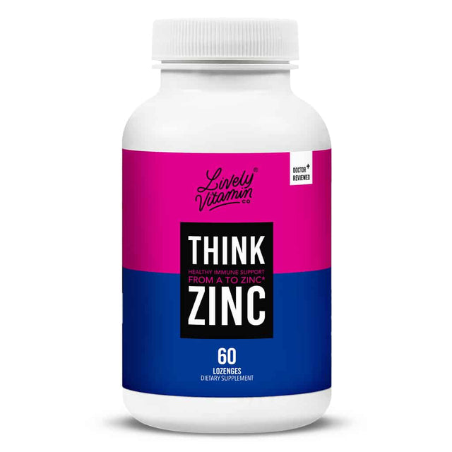 A bottle of Lively Vitamin Co. Think Zinc, featuring a vibrant pink and blue label with text "Healthy Immune Support From A to Zinc," containing 60 lozenges.