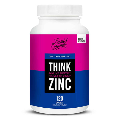 Lively Vitamin Co. Think Zinc dietary supplement contains 30mg liposomal zinc per capsule for immune support and overall wellness. Each bottle includes 120 capsules, perfect for daily immune health maintenance.