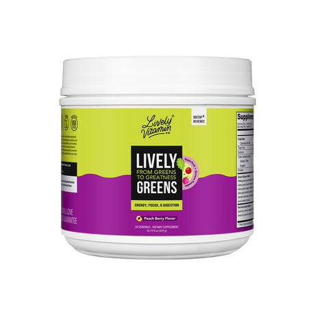 A container of "Lively Greens" powder by Lively Vitamin Co., featuring a peach berry flavor. The packaging highlights energy, focus, digestion benefits, and includes mentions of 42 superfoods, probiotics, and antioxidants.