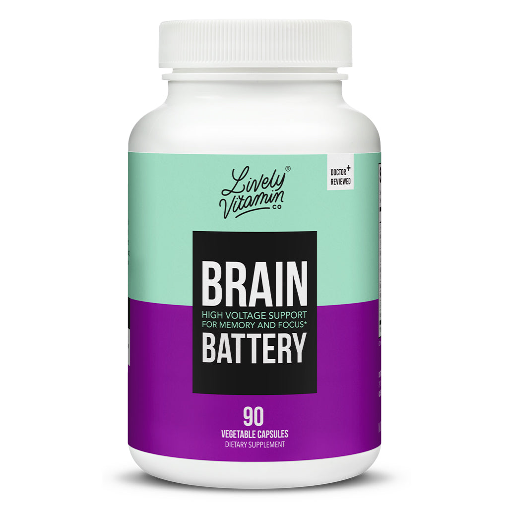 Bottle of Lively Vitamin Co. Brain Battery featuring a teal and purple label with bold text promoting high voltage support for memory and focus. The front label shows the bottle contains 90 vegetable capsules and is marked as doctor-reviewed.