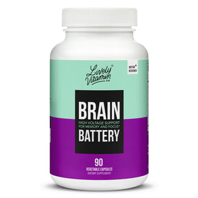 Lively Vitamin Co. Brain Battery 90 vegetable capsules bottle with teal and purple front label, white plastic container