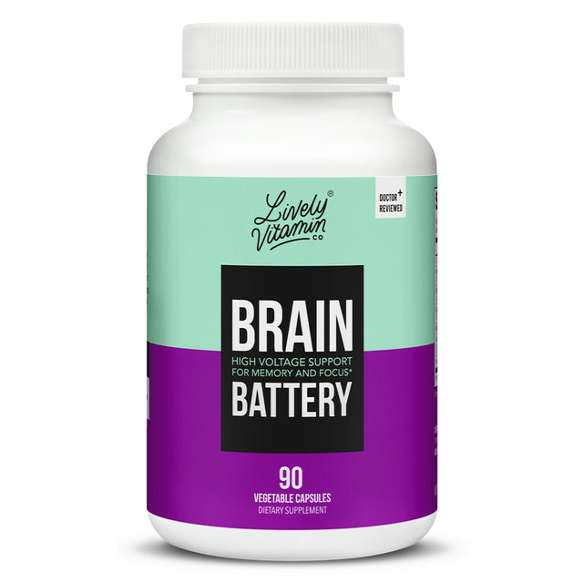 Bottle of Lively Vitamin Co. Brain Battery featuring a teal and purple label with bold text promoting high voltage support for memory and focus. The front label shows the bottle contains 90 vegetable capsules and is marked as doctor-reviewed.